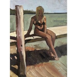 Original Impressionist Painting Female Figure Beach Ocean Dock Hawaii Caribbean